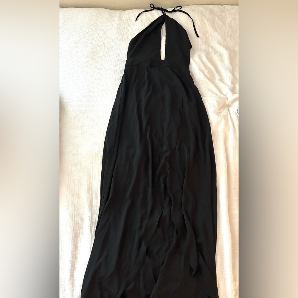 Black chiffon material prom dress with slit in front, size small, never worn